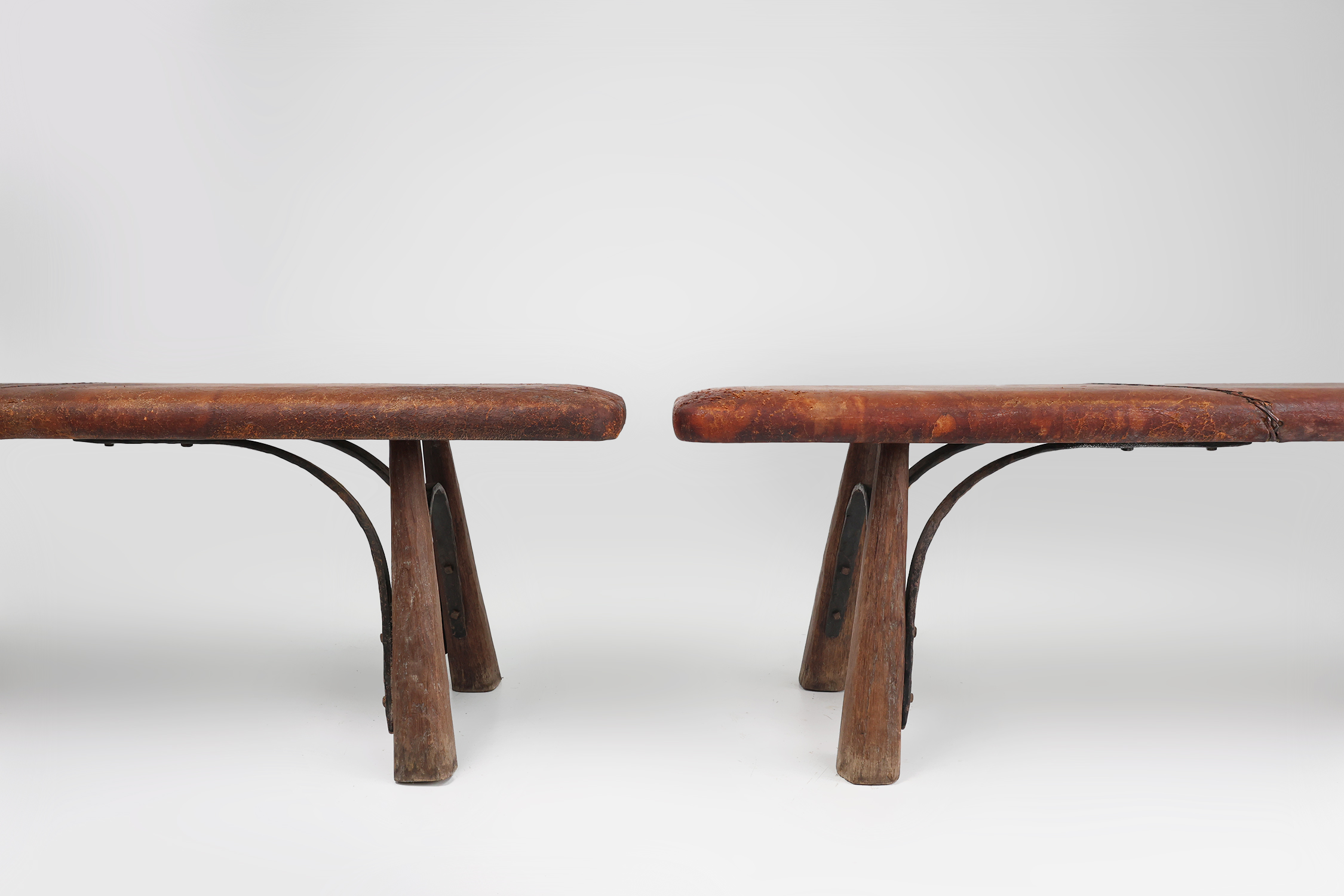 Two rare industrial gym benches in oak and wrought iron with leather topthumbnail